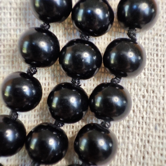 Black Agate Chalcedony Onyx Stone Knotted Beaded Long Vintage Mourning Necklace - Picture 2 of 6